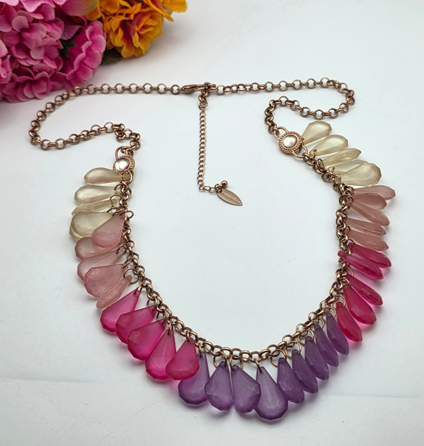 Pink Purple Blush Clear Lucite Fringe Statement Necklace Rose Gold Coldwater 34″