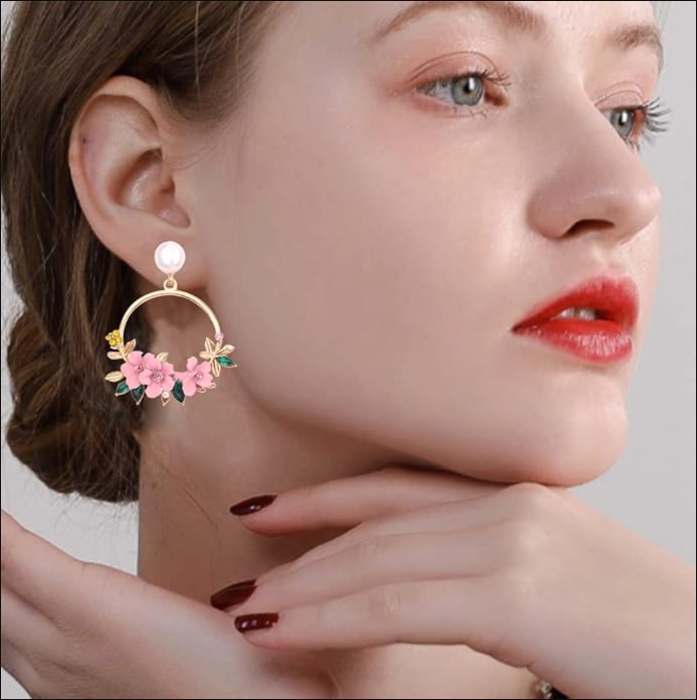 Women Pink Flower Hoop Earrings Pearl Stud Floral Dangle Earrings Gift Jewelry