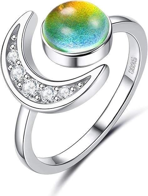 925 Sterling Silver Mood Ring Moon Star Open Adjustable Rings for Women 18K Whit