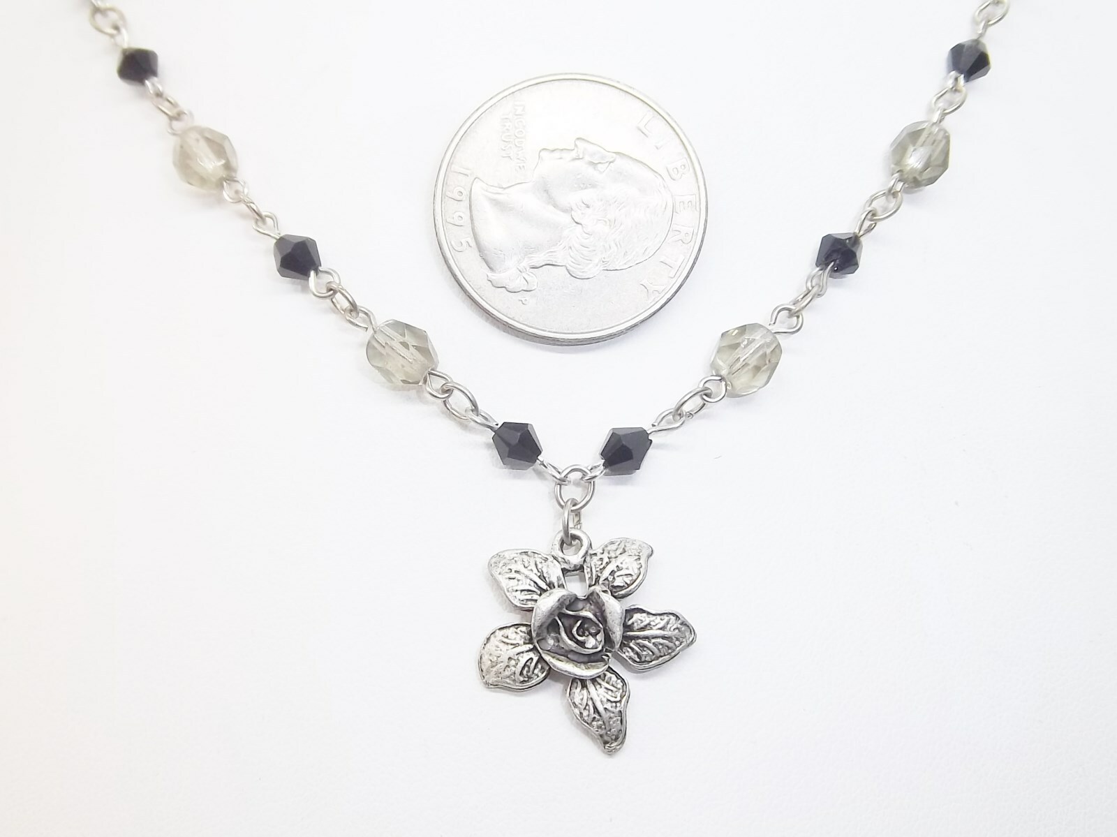 Flower Pendant 17 in. Black & Clear Beaded Fashion Necklace … #547
