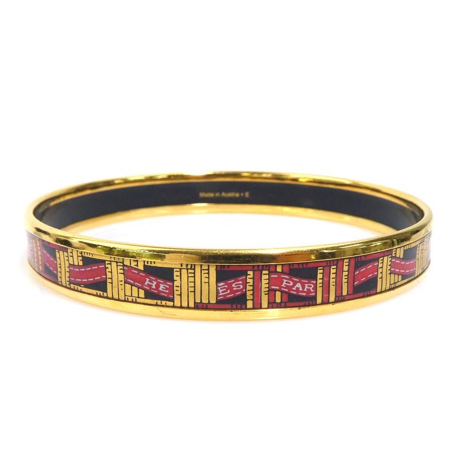 HERMES Email Bangle Bracelet Women’s Gold Black Red e61813a 7.5in Enamel
