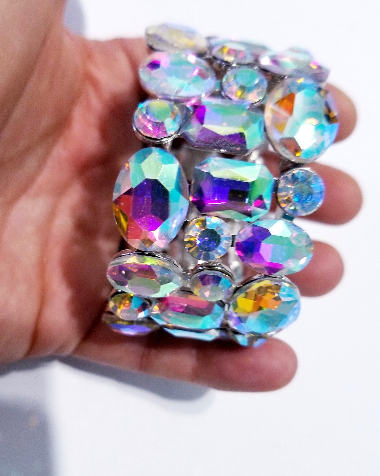 Iridescent Silver Rhinestone Stretch Bracelet Statement Drag Pageant Prom Bridal