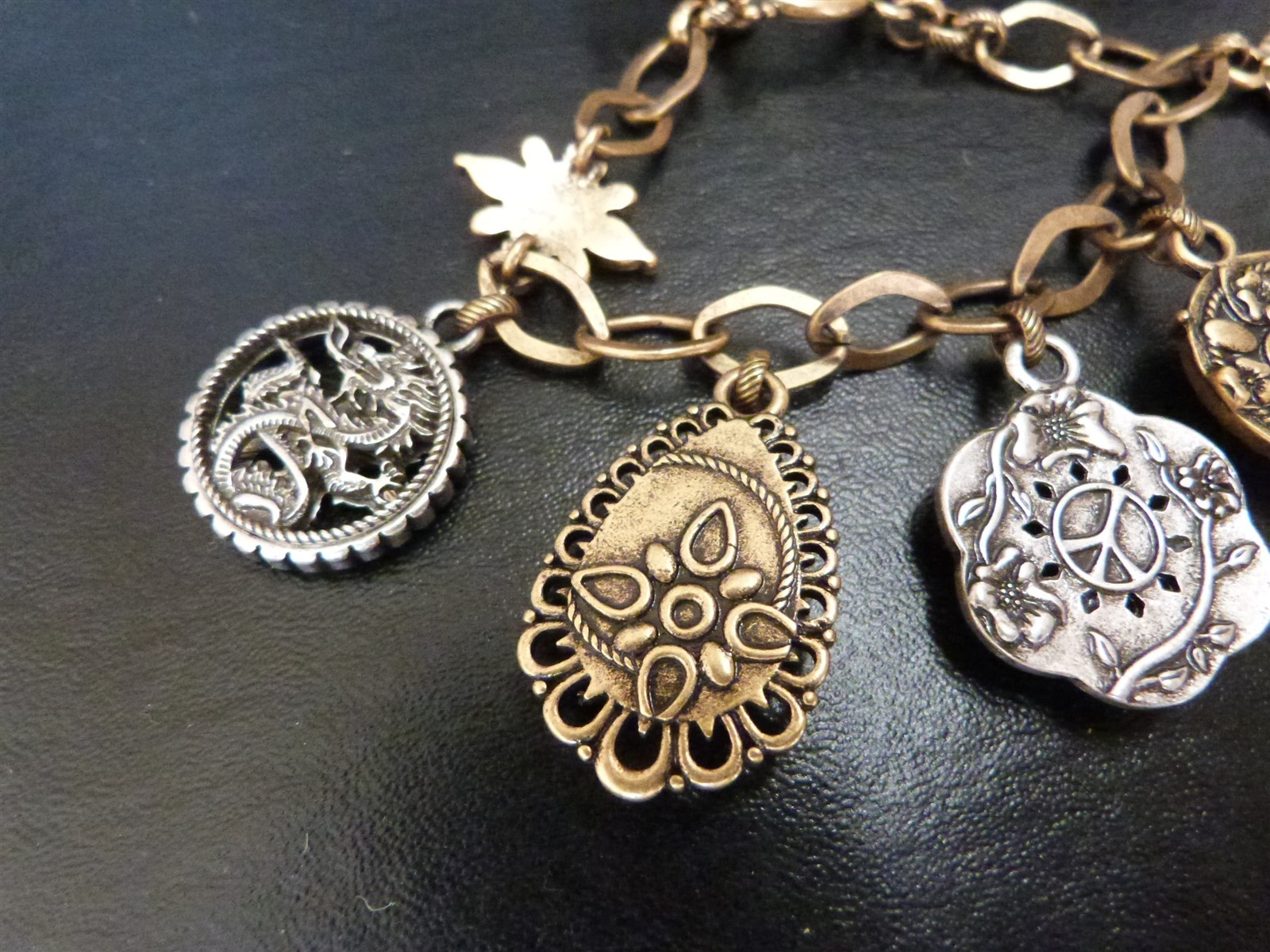 Lucky Brand jewelry lot charm bracelet Asian inspired floral dragon peace sign