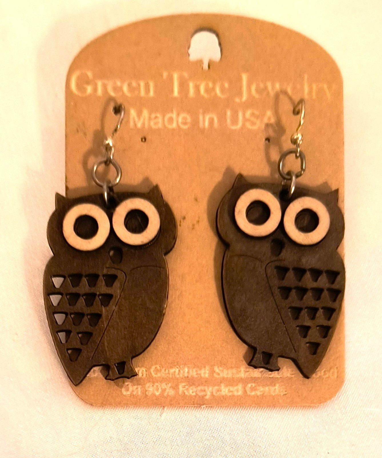 New with Tags Green Tea Jewelry Earrings Laser Cut Brown/Beige Owls Hook Closure