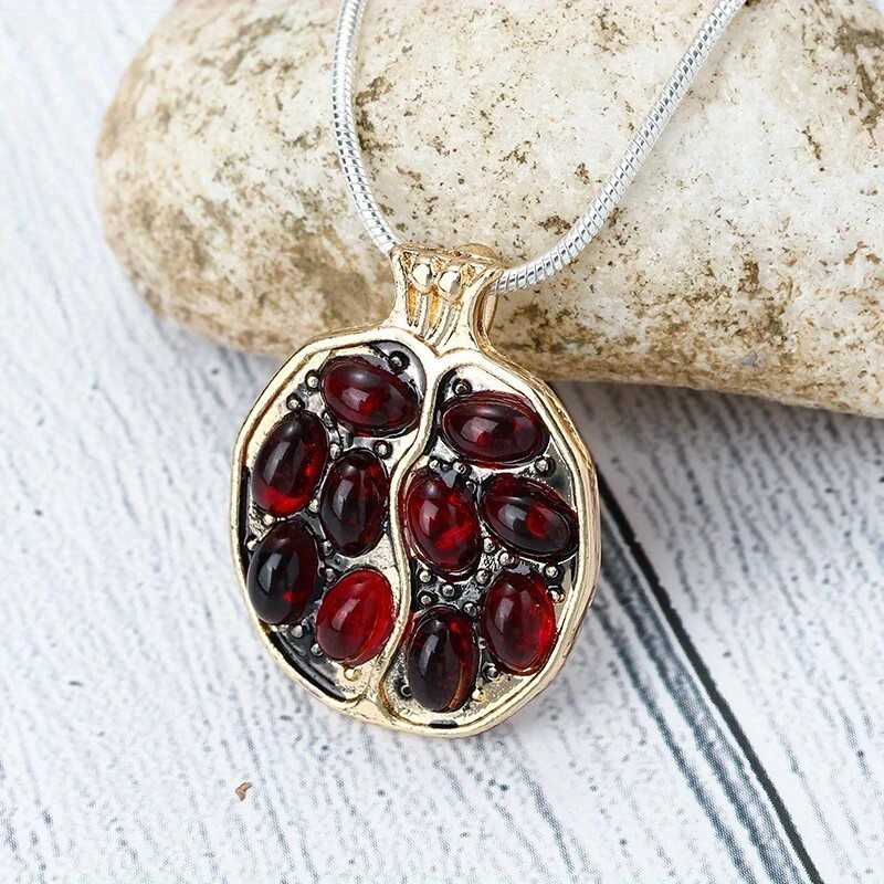 Gold Pomegranate Pendant Necklace Garnet Gemstone Fruit Jewelry Gift