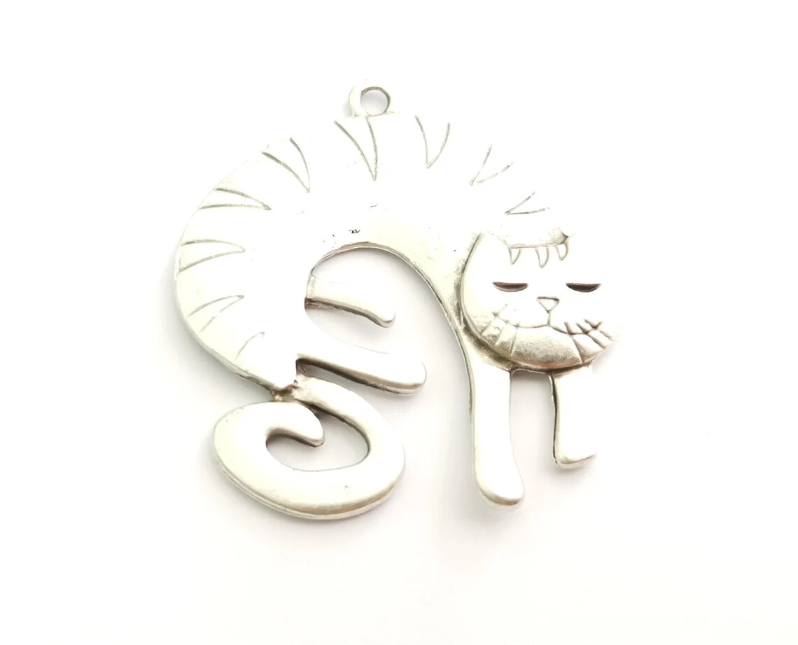 Cat Dangle Charms Antique Silver Plated jewelry Accessories (45x42mm) G18318