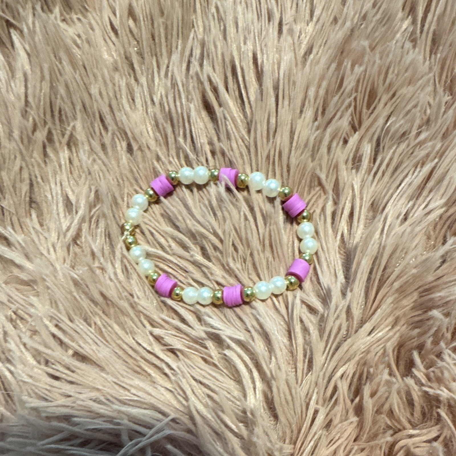 White, Gold & purple Stretch Beaded Bracelet, Round Plastic Beads, hand made