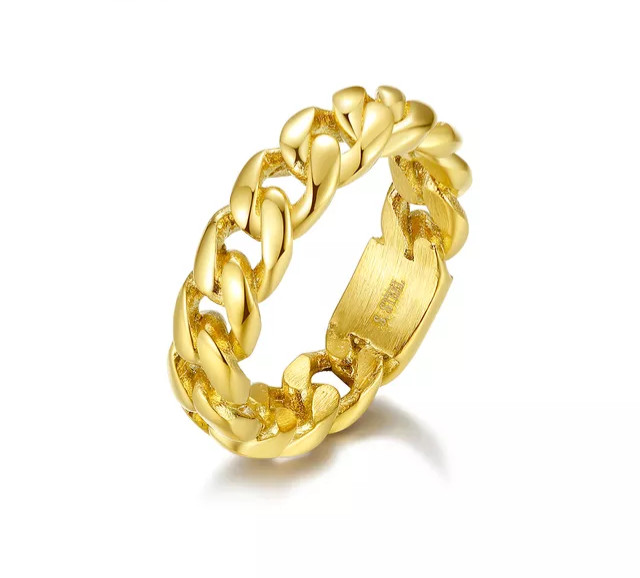 Stainless Steel Gold Plated Trendy Cuban Link Band Ring Unisex, Size6/7/8/9