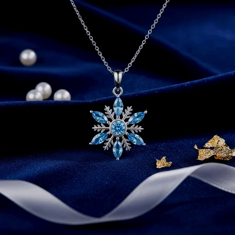 Blue Snowflake Pendant Necklace Fashion Jewelry Holiday Party Silver Toned New