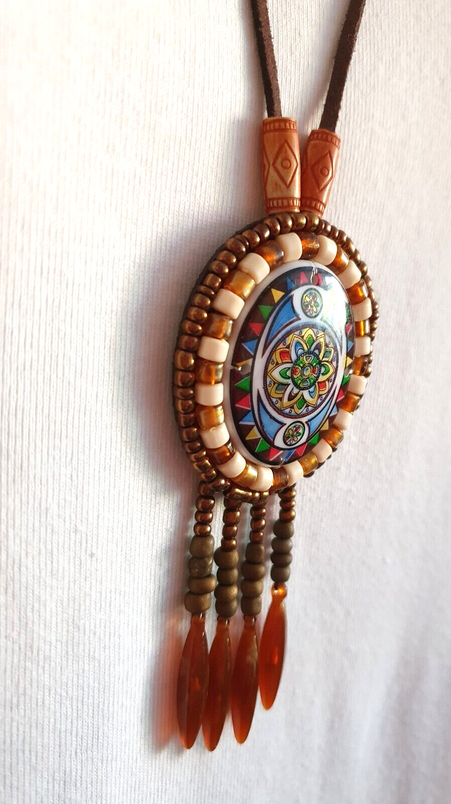 Artisan Mandala Beaded Oval Tassel Leather backed Pendant suede cord Metal Free