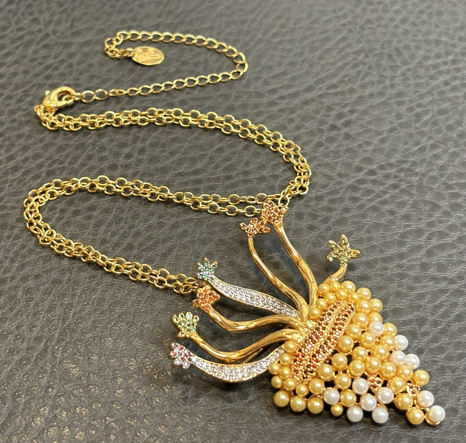 JCB Boisset 22k Gold Plate Swarovski Crystal Pearl Grapes BROOCH Necklace GIFT