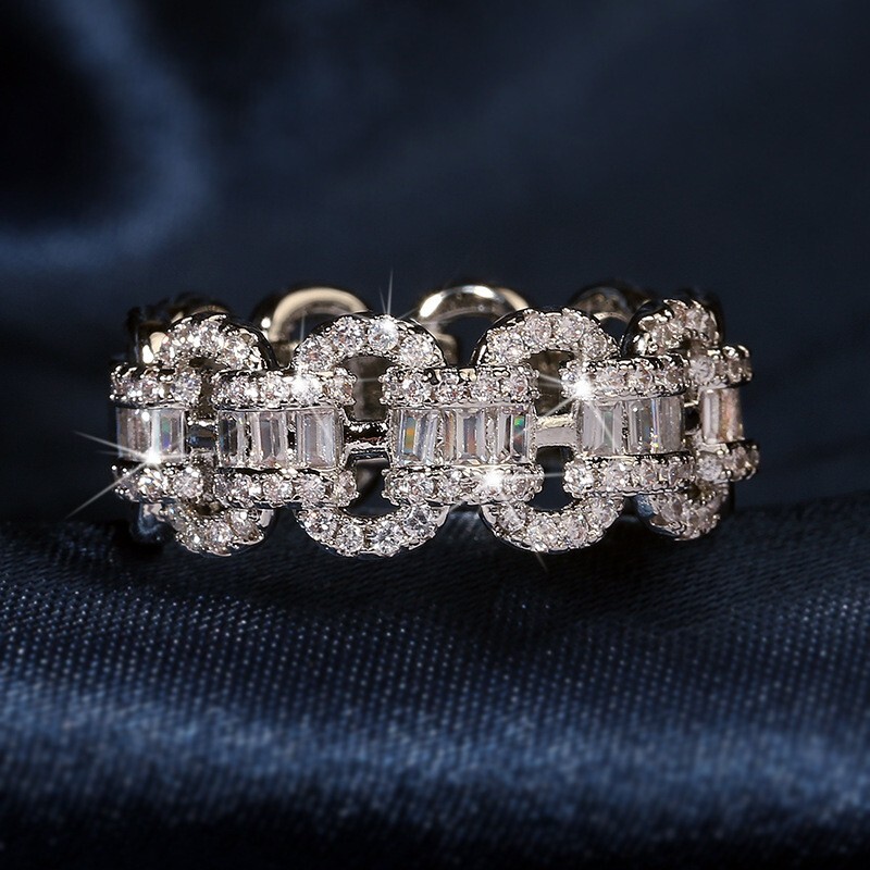 925 Sterling Silver Ring Zircon Women Men Sterling Stone Rings Chain Link Gift