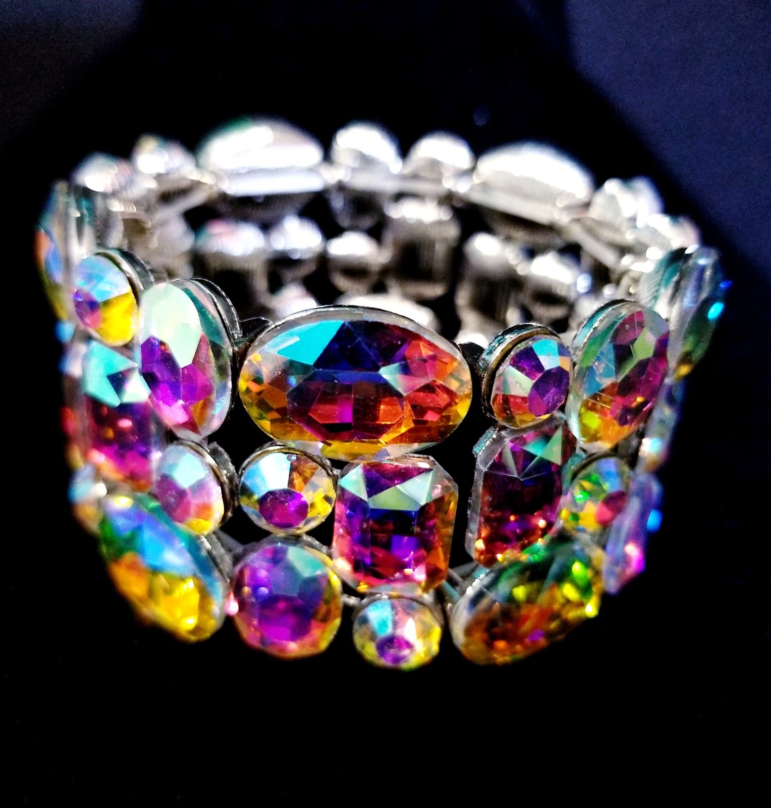 Iridescent Silver Rhinestone Stretch Bracelet Statement Drag Pageant Prom Bridal