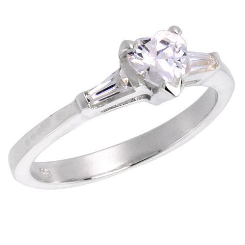 Sterling Silver Engagement Ring,5mm (0.5ct) Heart Shape & Baguette Cut CZ Stones