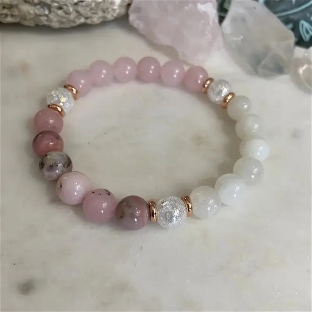 Summer Versatile White Quartzite Pink Opal Love Beaded Couple Matching Bracelet
