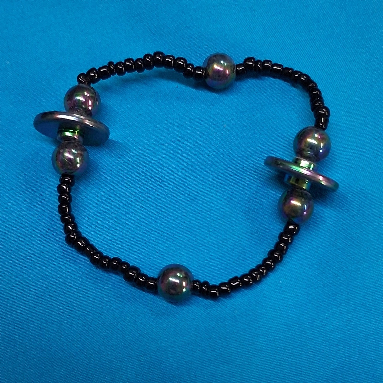 Vintage Black Channel Set Bead Purple Iridescent Accent Stretch Bangle Bracelet