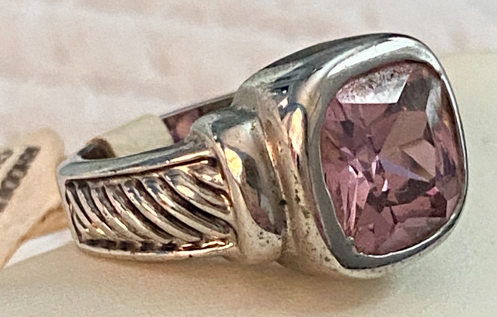Cushion Cut Pink Stone Designer Style Cable Band Fashion Ring Rhodium Plated Sz5