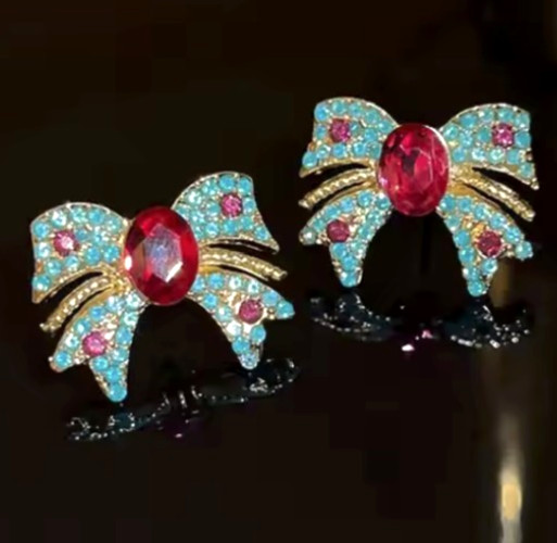 Super Cute Sparkly Blue Red BOW Rhinestone Gold Betsey Johnson Earrings