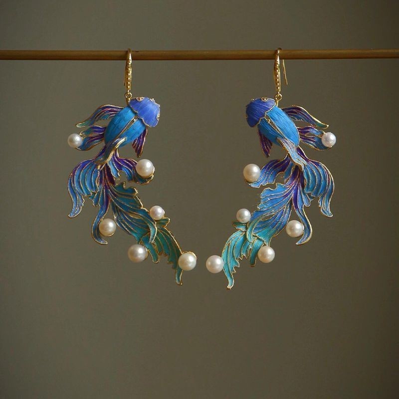 New New Chinese Ancient Blue Koi Fish Earrings Women’s Hanfu Accessory