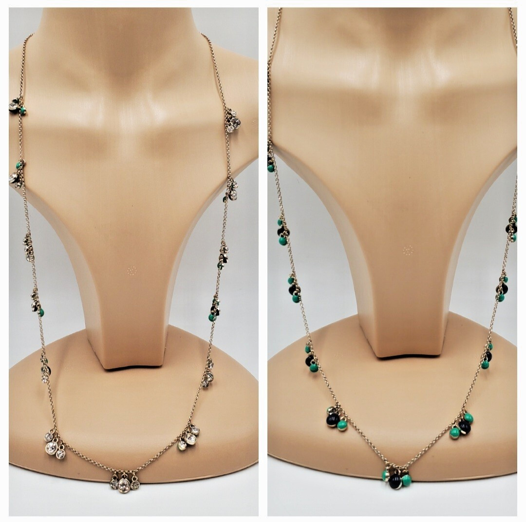 Ann Taylor Reversible Station Necklace 30in Silver Tone Clear Crystal Blue Green