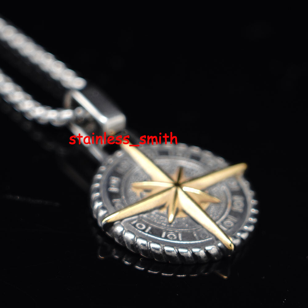 SMITH Mens Stainless Steel Nautical Punk North Star Compass Pendant Necklace