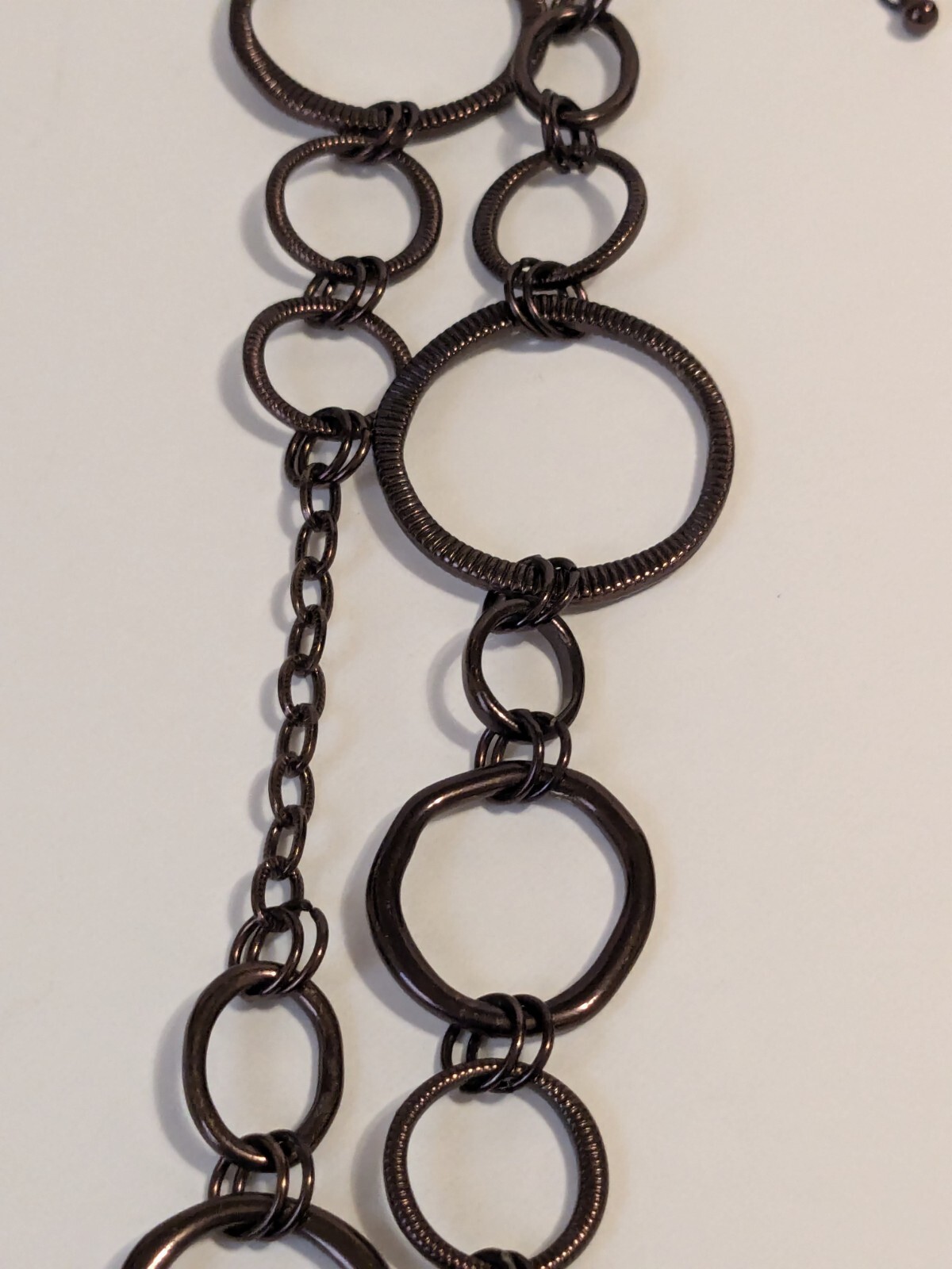 Lia Sophia Bronze Tone Textured Various Size Round Links Necklace. 30″. BOHO.