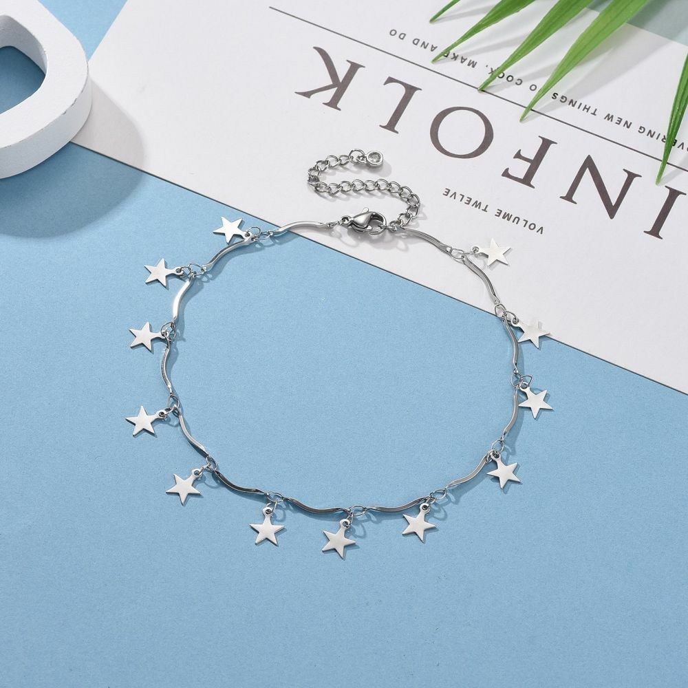 Stainless Steel Bar Chain Anklet Bracelet Star Charms Lobster Silver 9.6″ Z10