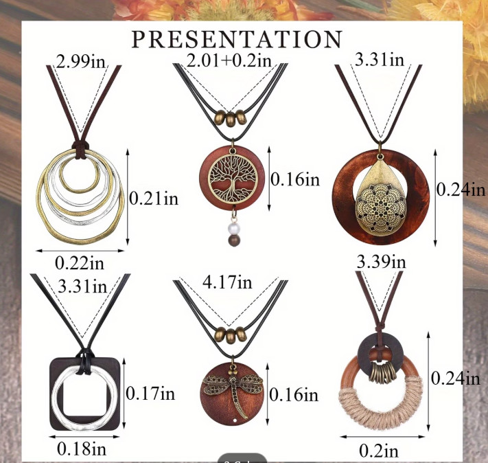 6Pcs Long Pendant Necklace Set Women Boho Wood Sweater Statement Hippie Jewelry