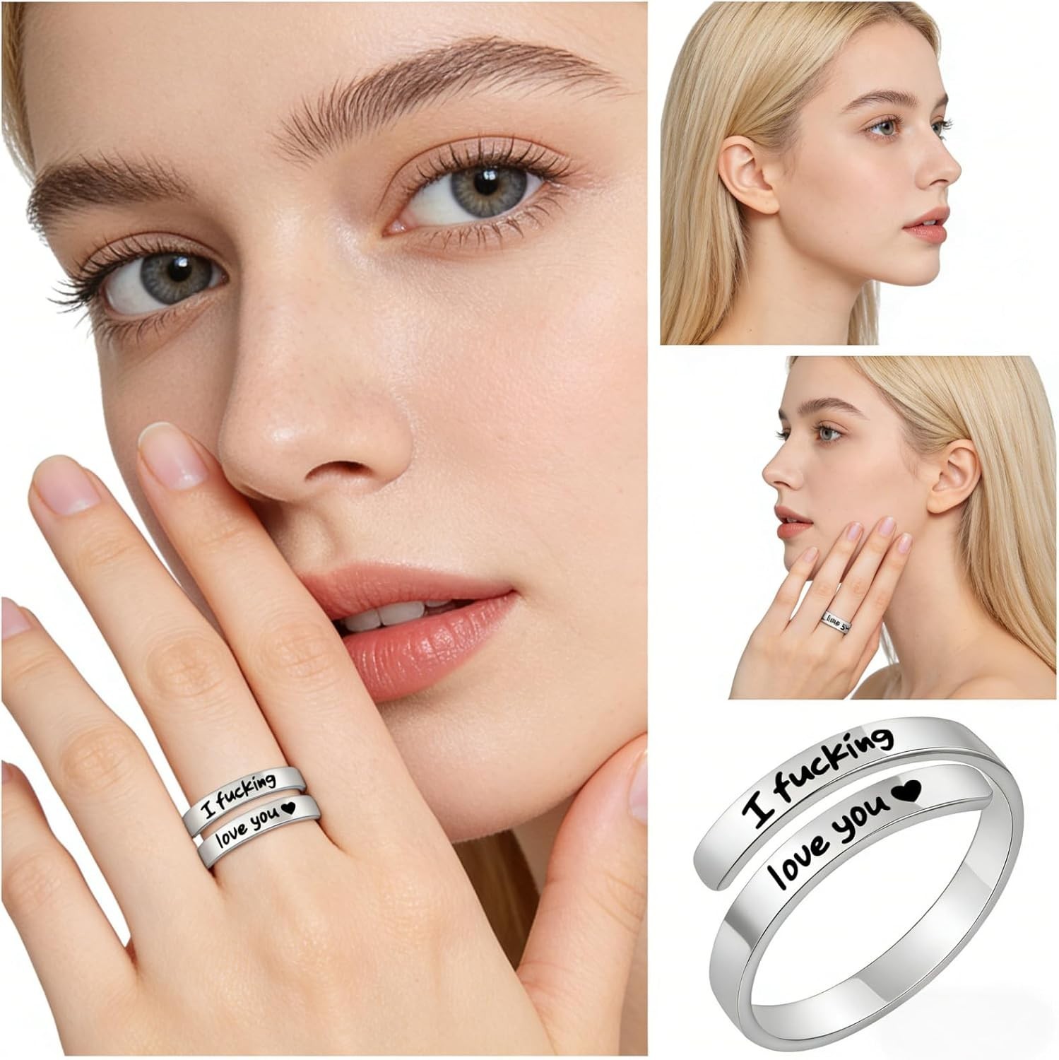 I Fcking Love You Ring, Stainless Steel Engraved Inspirational Words Heart Open