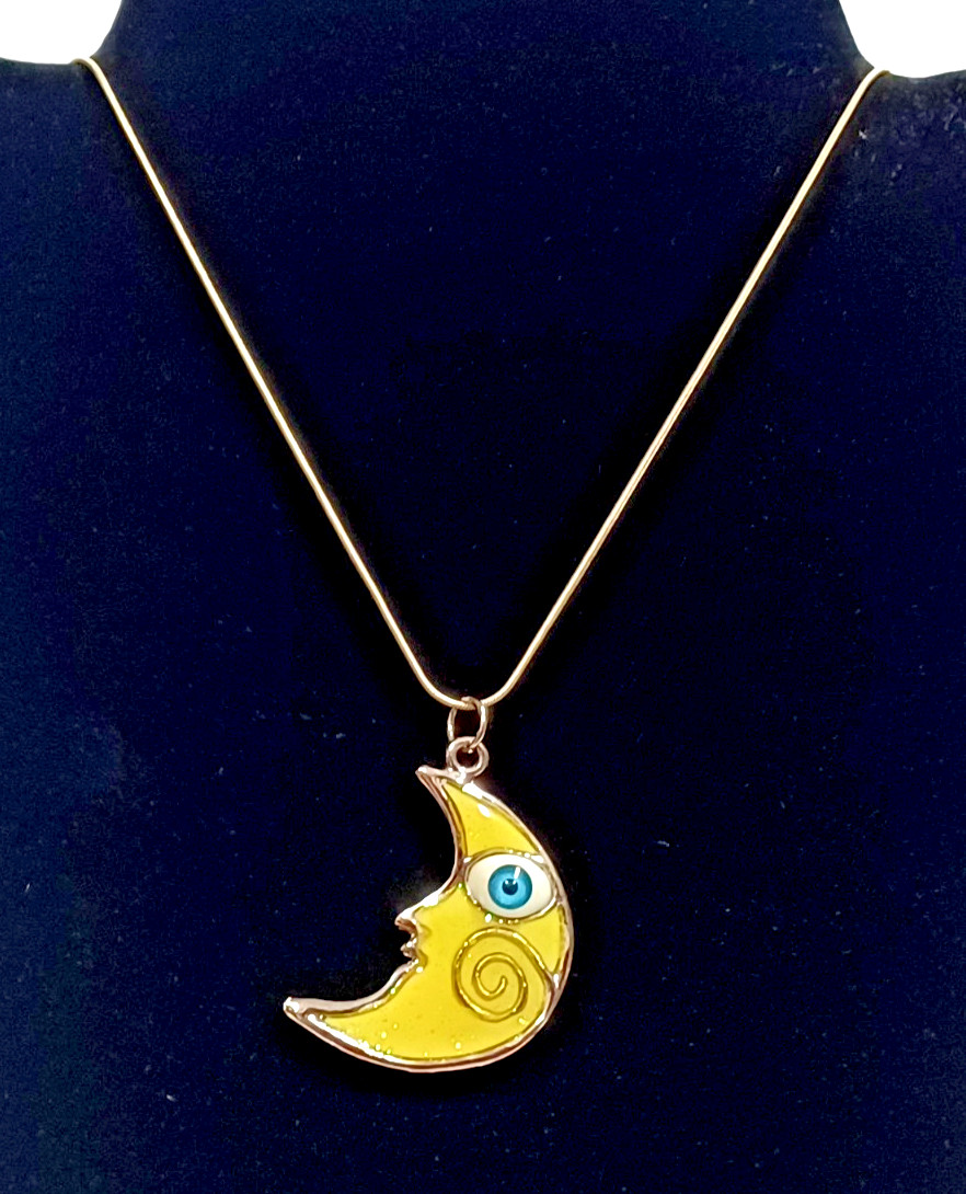 Yellow Crescent Moon Face Pendant Blue Eye Sparkles Silver Tone 24″ Chain