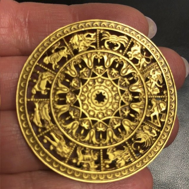 B809 CGA Zodiac Round Brooch 2-7/8″ Gold Tone Astrology Signs Pin