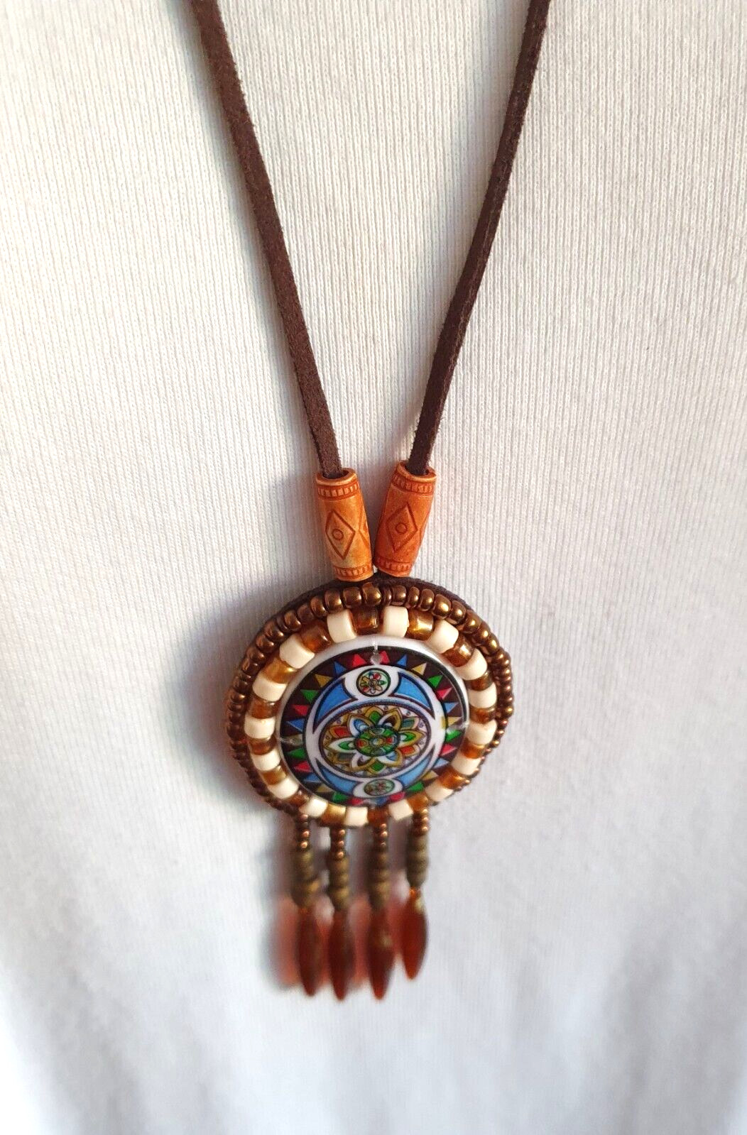 Artisan Mandala Beaded Oval Tassel Leather backed Pendant suede cord Metal Free