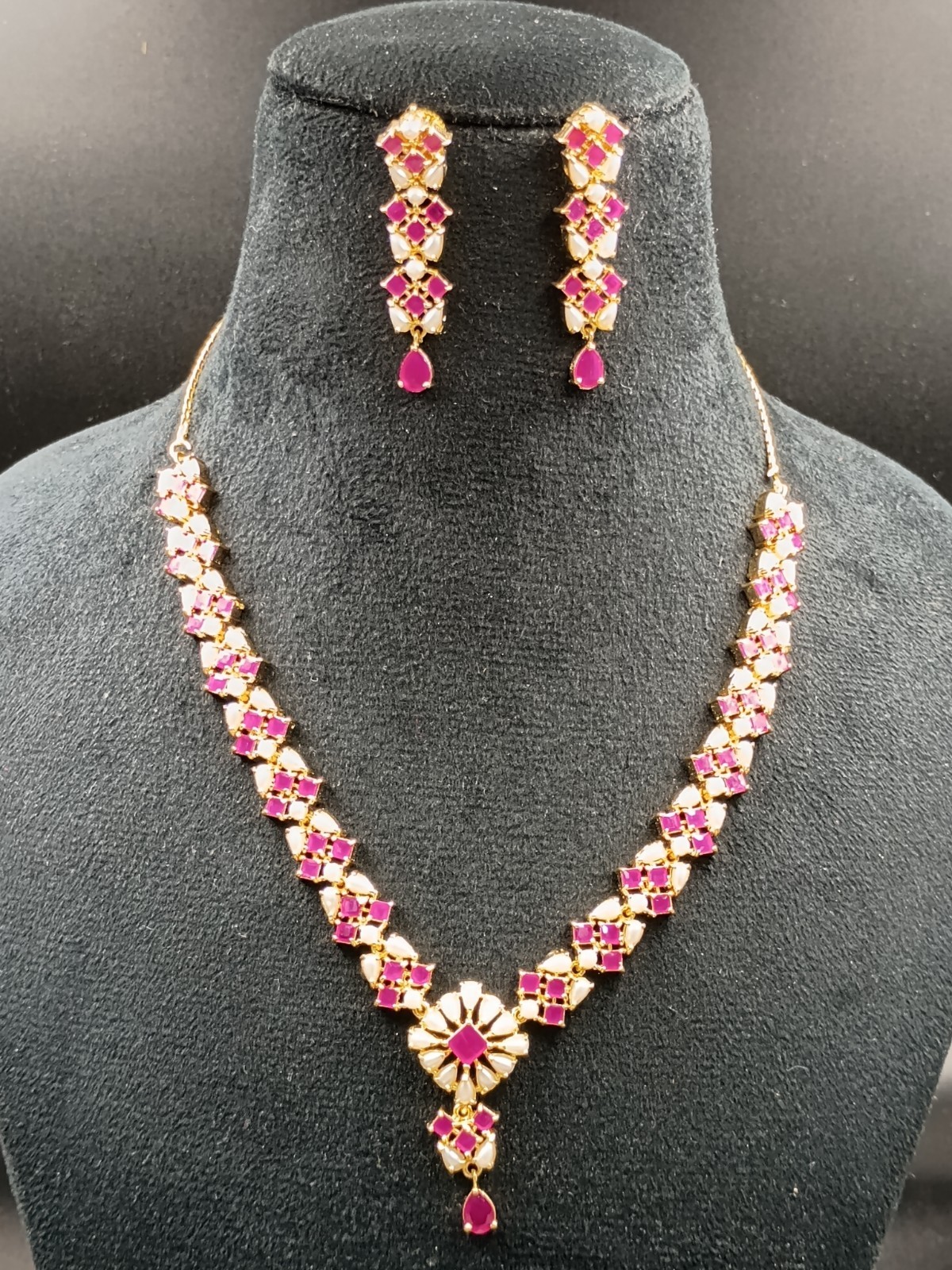 Ruby Pearl Jewelry Set 22K Gold Plated Necklace Earrings Set Wedding Partywear G