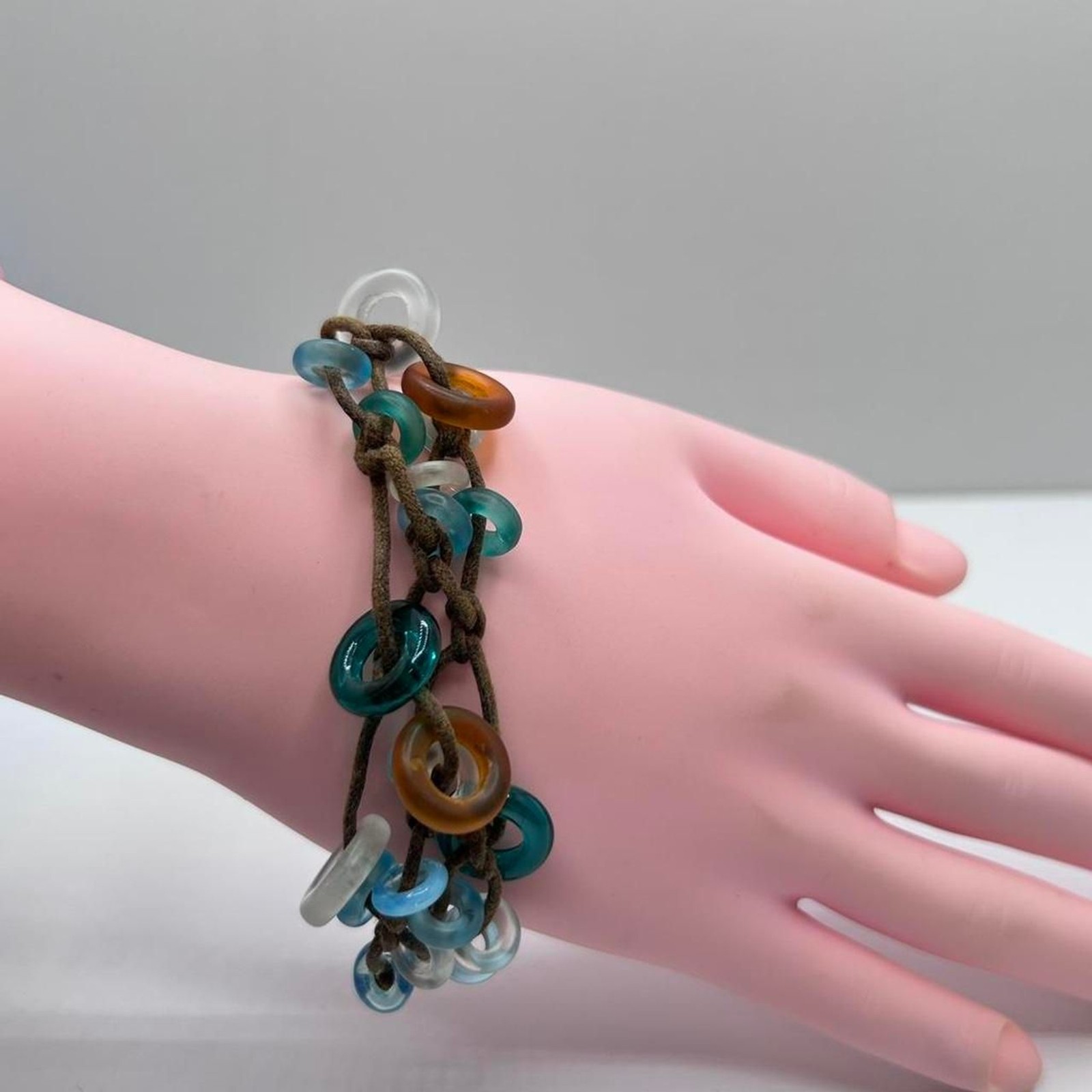 Boho Brown Cord Acrylic Ring Bracelet Blue Clear Amber Beaded Layered