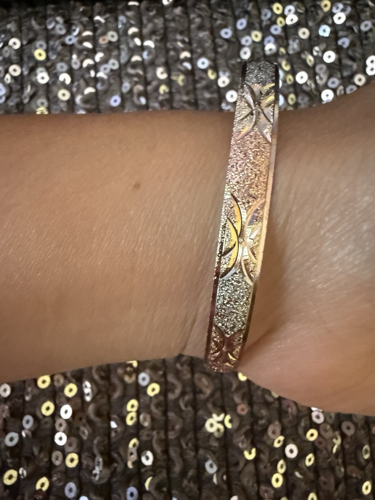 Vintage 14k Gold finish three-Tone Rose Gold/Gold/Silver Tone Textured Bangle