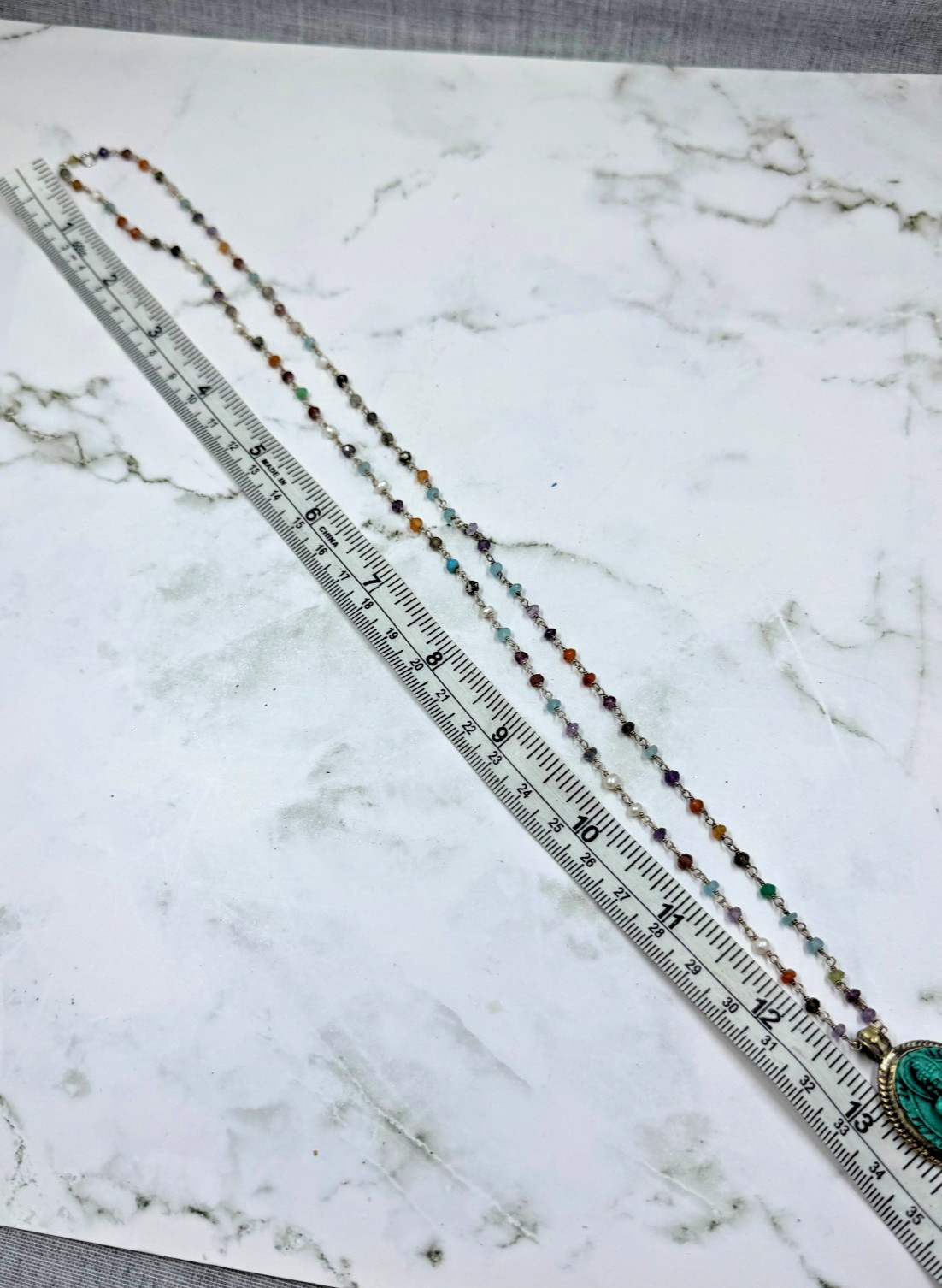 Silver Necklace Crystals on Chain Handcrafted Inlaid Turquoise Shakyamuni 3D