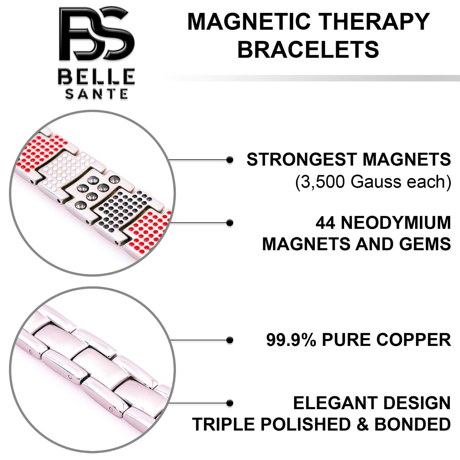 Silver Magnetic Bracelet Therapy Arthritis Pain Relief 4 Element Energy Stress