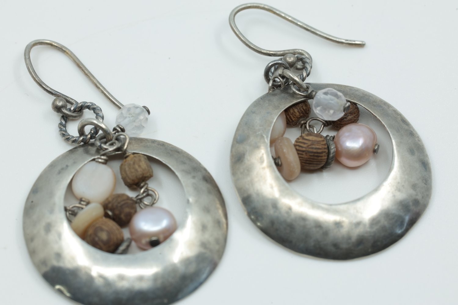 Silpada Sterling Silver Hammered Disc Drop Earrings Pearl Wood Quartz Boho