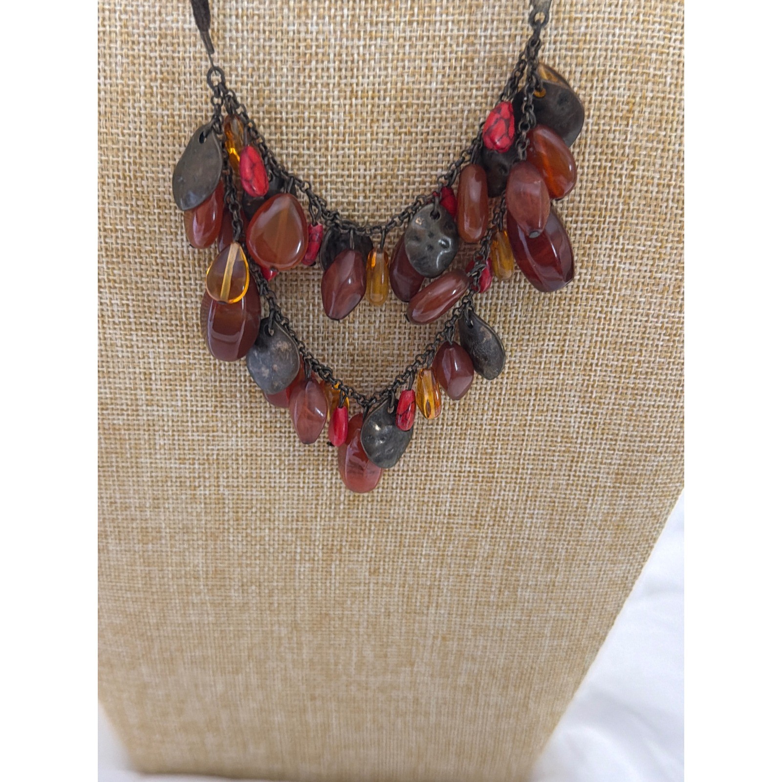 Earthy Amber Color Burgundy Beaded Bib Statement Necklace Brown Suede Cord Boho