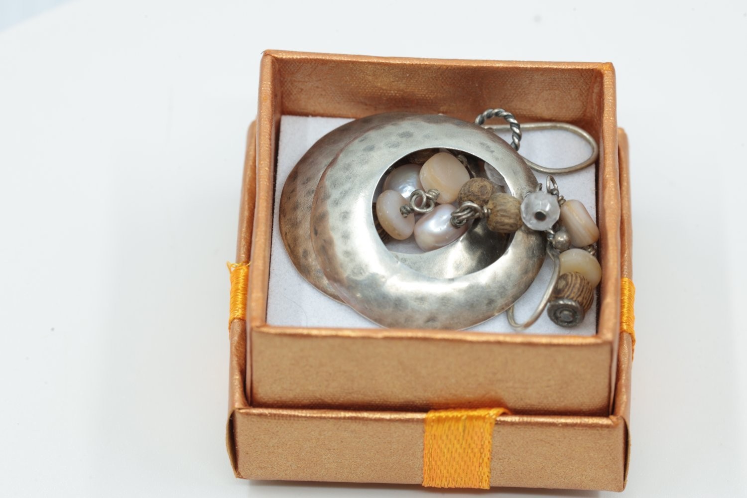 Silpada Sterling Silver Hammered Disc Drop Earrings Pearl Wood Quartz Boho