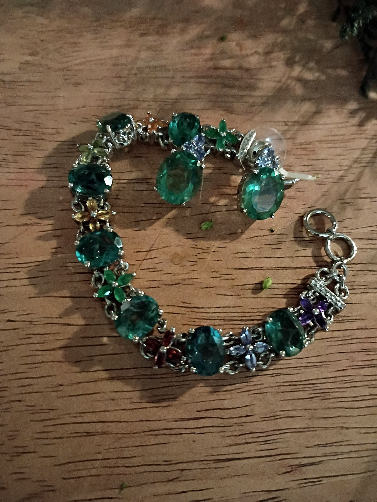 Sterling Silver 925 (STS) Teal Peacock Quartz Multi Gemstone Bracelet & Earrings
