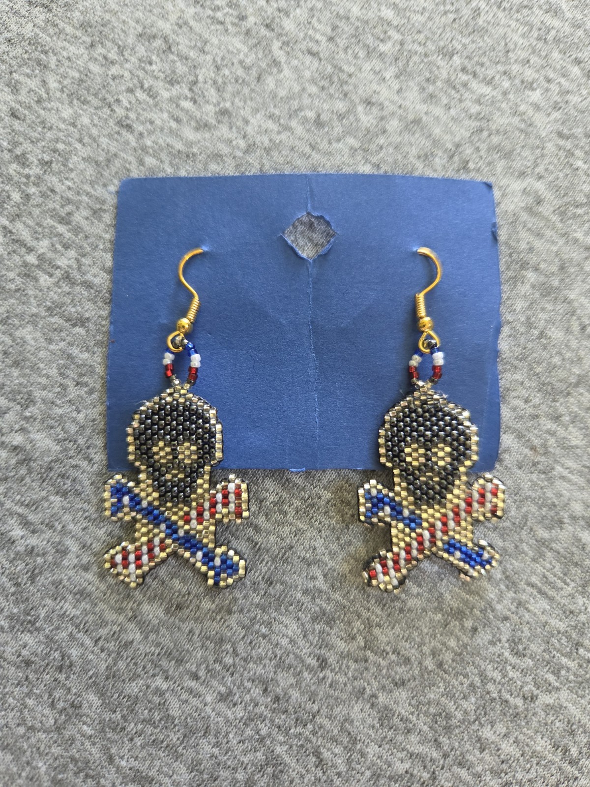 Prison Made Jolly Roger Dangle Drop Hook Beaded Earrings Red White Blue Gunmetal