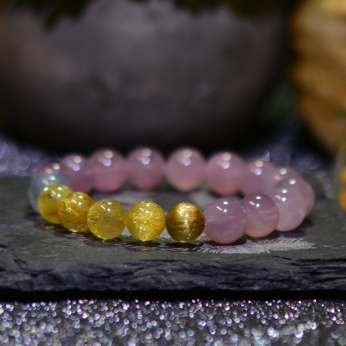 Madagascar Rose Quartz Rutilated Aquamarine Bracelet 18K Gold Gift for Women