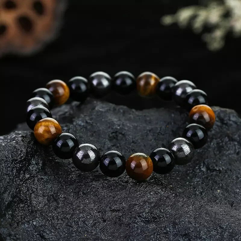 Triple Protection 10MM Bead Tiger Eye Obsidian Hematite Man’s Stretch Bracelet