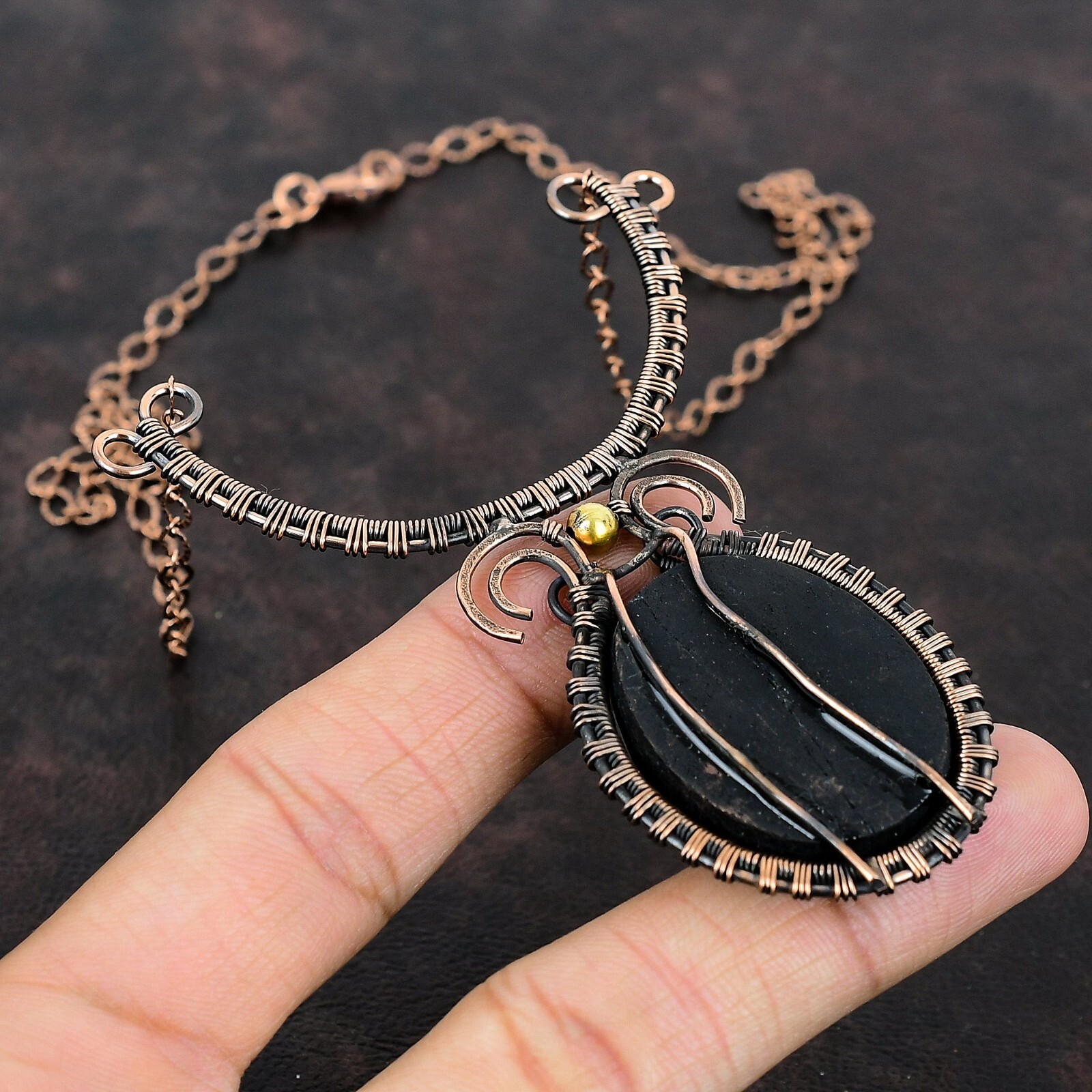 Black Tourmaline Rough Copper Gift For Bestie Wire Wrapped Adjustable 18.0″
