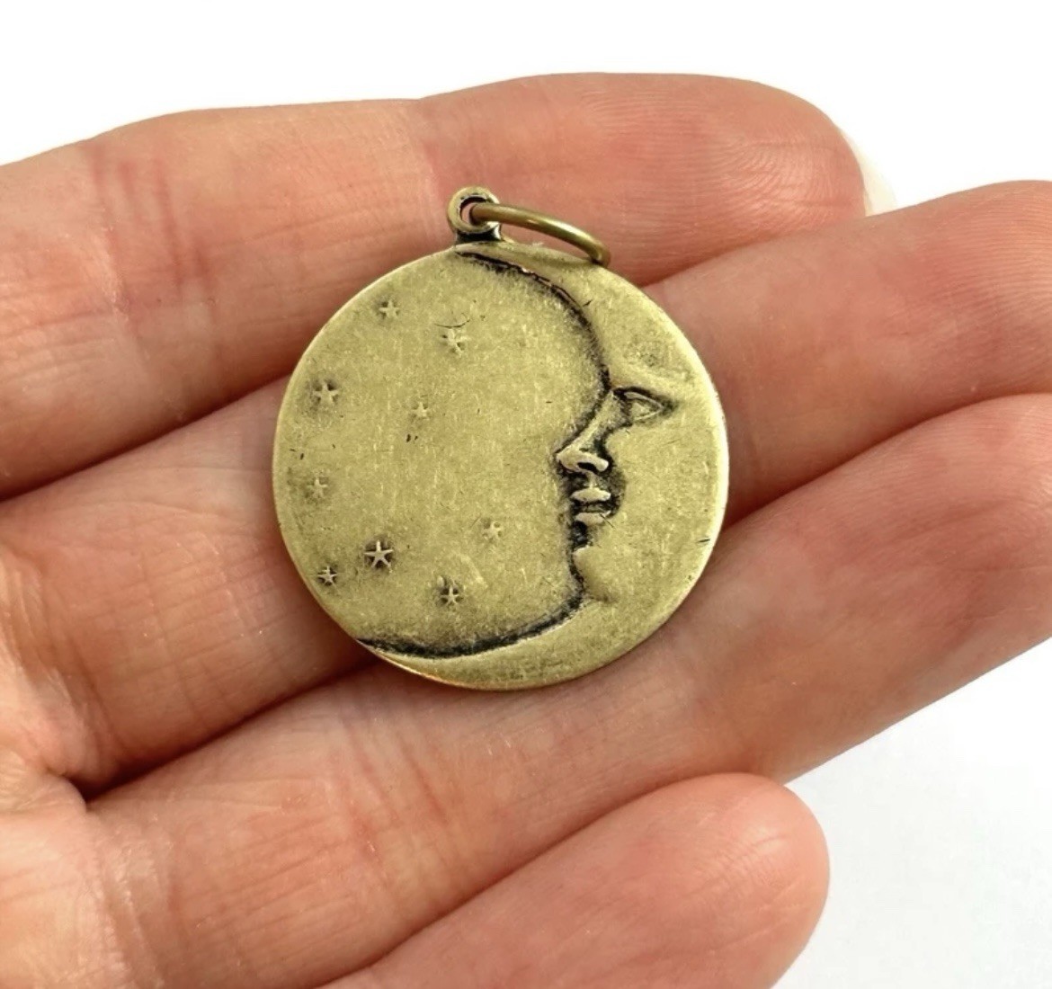 Moon Charm Pendant Antiqued Brass Metal Crescent Moon Face Stars Celestial