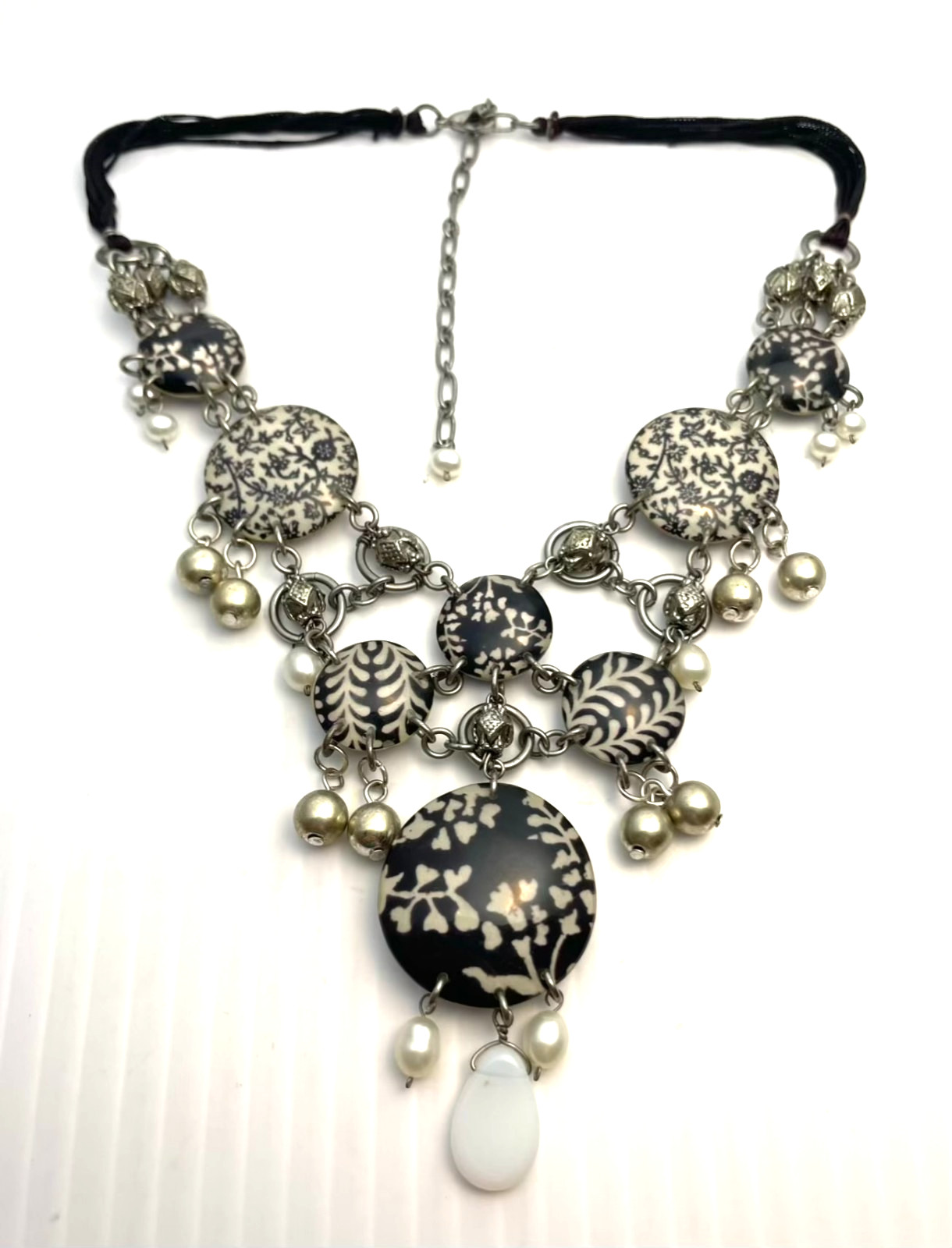 Unique Black & White Statement Necklace Layered Baroque Pearl Floral Maximalist