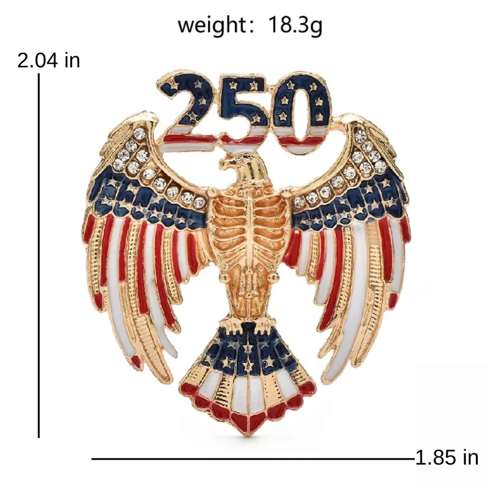 USA Eagle 250 Enamel Brooch Rhinestone Patriotic Flag Gold Tone Pin Gift