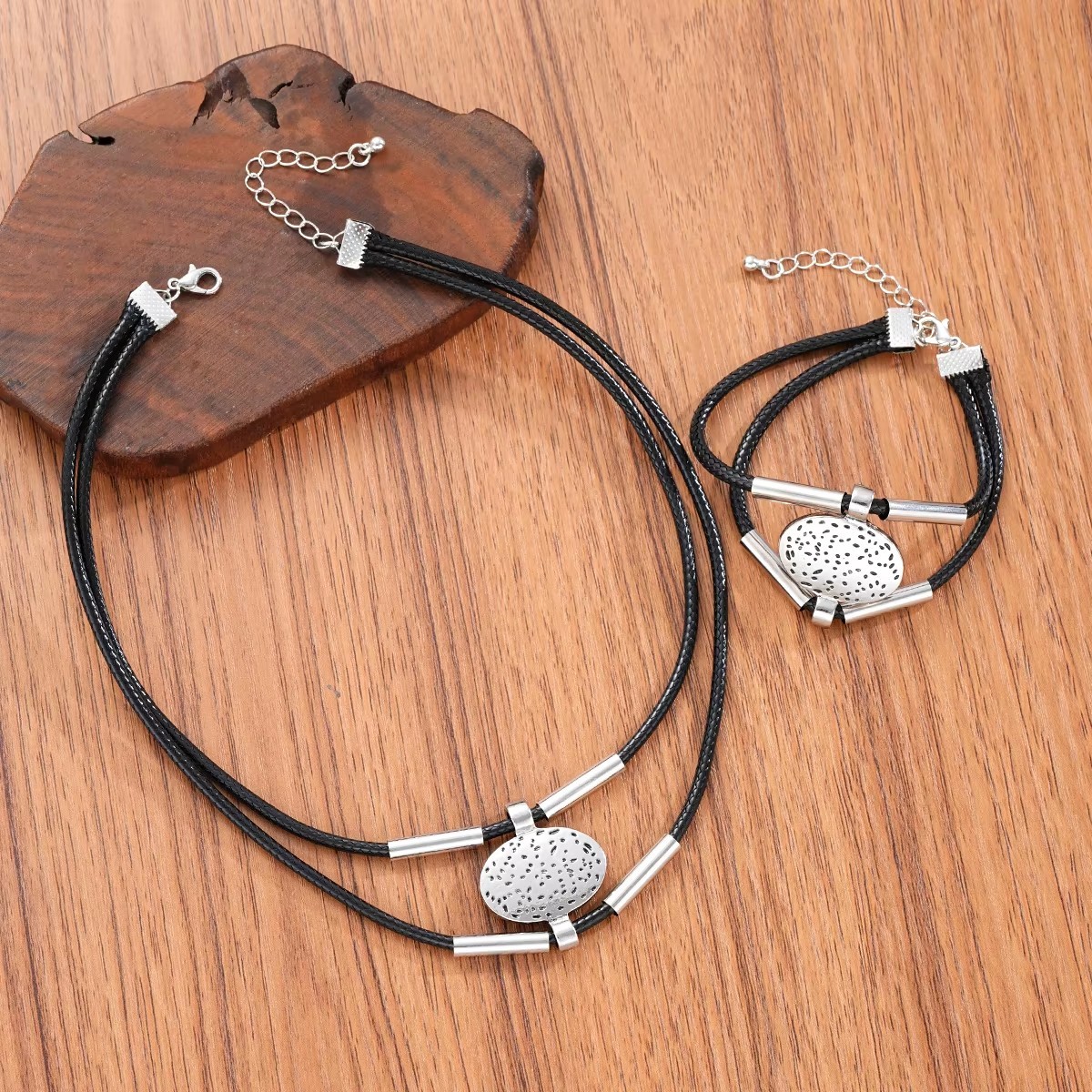 2pc Vintage Oval Necklace Bracelet Set Gold Silver Faux Leather Choker Retro NEW