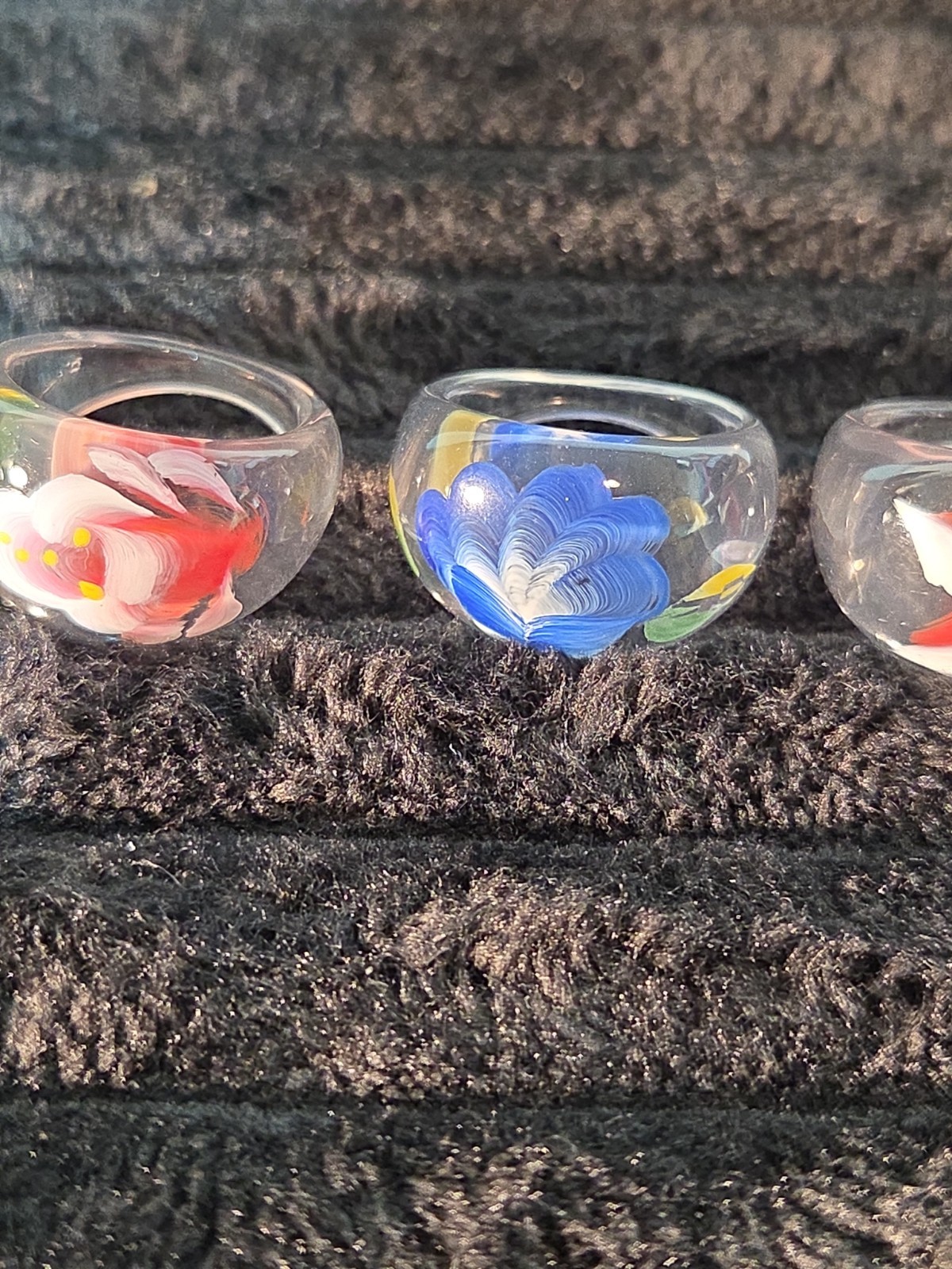 5 Plastic Resin Rings Multicolor Flower Ring Clear Band Handmade Painted Size 10